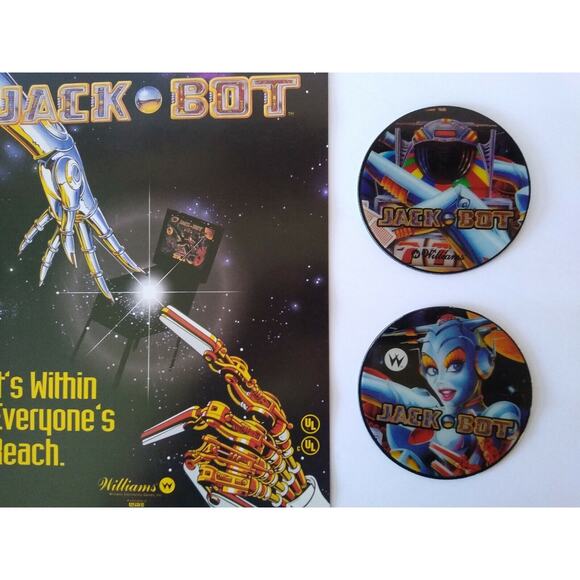 Jackbot Pinball FLYER & 2 Promos Plastic Coasters Pinbot & Bride Wife Robots NOS - Picture 2 of 5